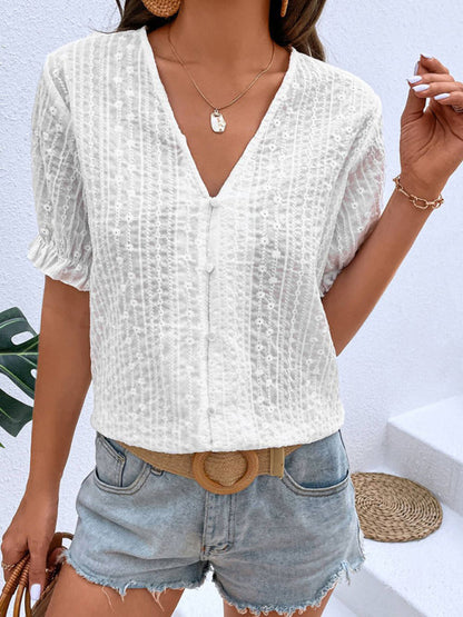 Tops- Elegant Women's Cotton Puff Sleeves Shirt - Delicate Embroidery Top- - IndioGear Fashion and Gear