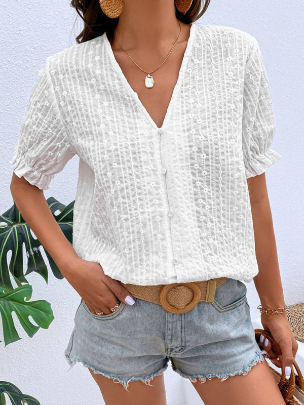 Tops- Elegant Women's Cotton Puff Sleeves Shirt - Delicate Embroidery Top- White- IndioGear Fashion and Gear