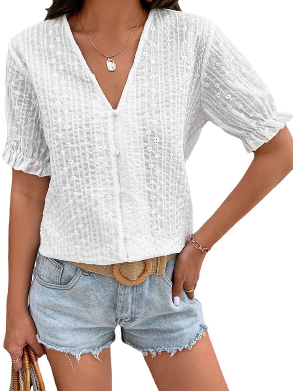 Tops- Elegant Women's Cotton Puff Sleeves Shirt - Delicate Embroidery Top- - IndioGear Fashion and Gear