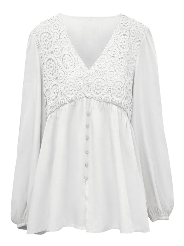 Tops- Embroidered Lace Blouse - Balloon Sleeve Button Top- - IndioGear Fashion and Gear