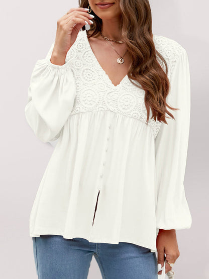 Tops- Embroidered Lace Blouse - Balloon Sleeve Button Top- White- IndioGear Fashion and Gear