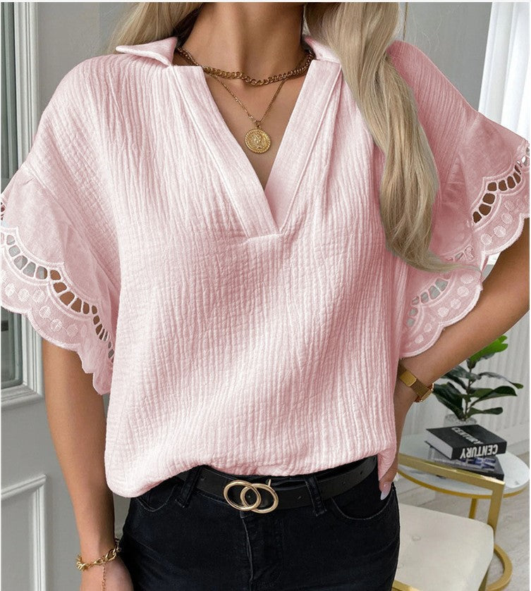 Tops- Exclusive Textured Batwing Sleeve Blouse with Lace Accents- - IndioGear Fashion and Gear