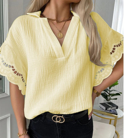 Tops- Exclusive Textured Batwing Sleeve Blouse with Lace Accents- - IndioGear Fashion and Gear