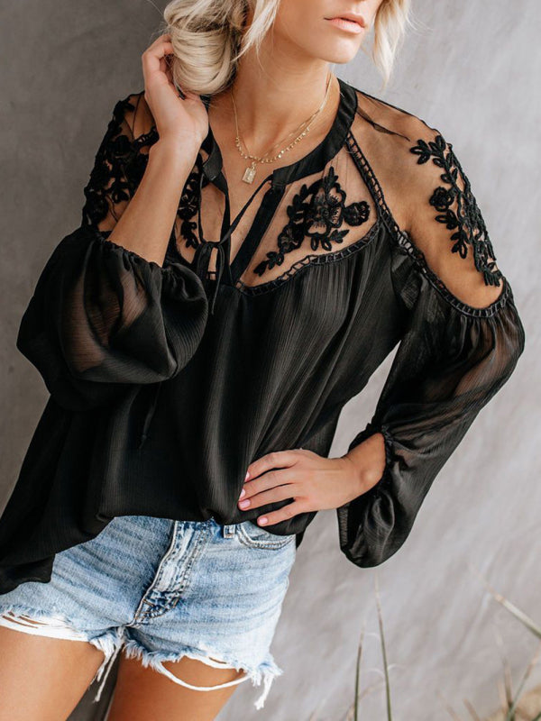 Tops- Experience effortless style with our Sexy Lace Pullover T-Shirt Blouse!- Black- IndioGear Fashion and Gear