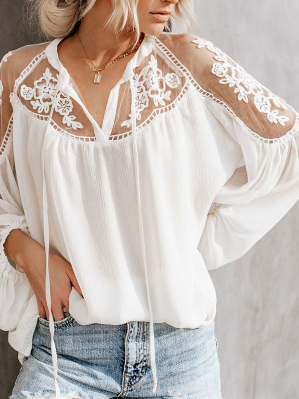 Tops- Experience effortless style with our Sexy Lace Pullover T-Shirt Blouse!- - IndioGear Fashion and Gear