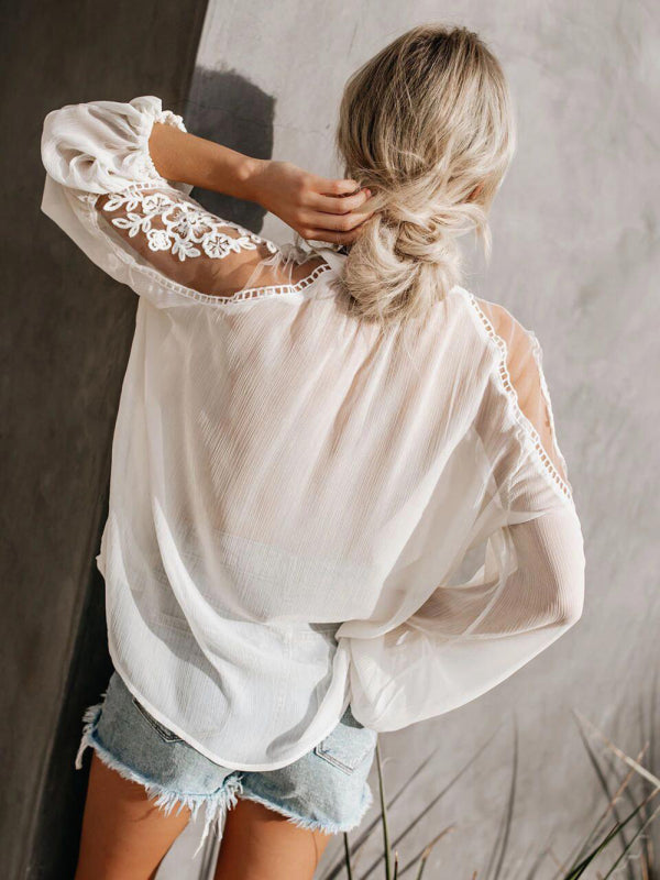 Tops- Experience effortless style with our Sexy Lace Pullover T-Shirt Blouse!- - IndioGear Fashion and Gear