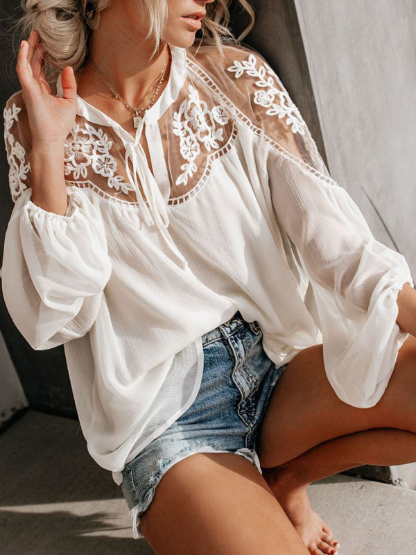 Tops- Experience effortless style with our Sexy Lace Pullover T-Shirt Blouse!- - IndioGear Fashion and Gear