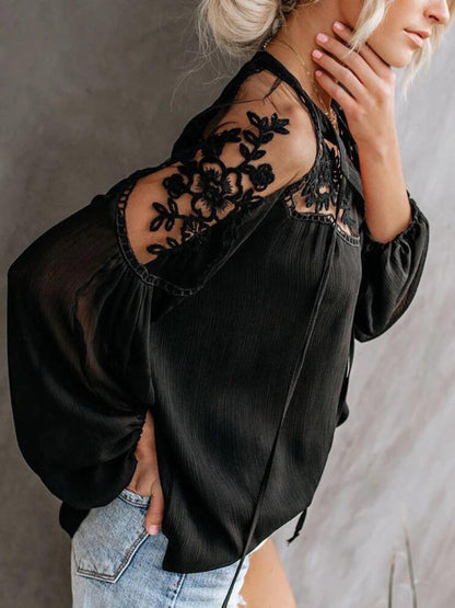 Tops- Experience effortless style with our Sexy Lace Pullover T-Shirt Blouse!- - IndioGear Fashion and Gear