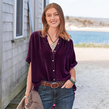 Tops- Fall Velour Blouse | Velvet Shirt with Short Sleeves- Purplish red- IndioGear Fashion and Gear