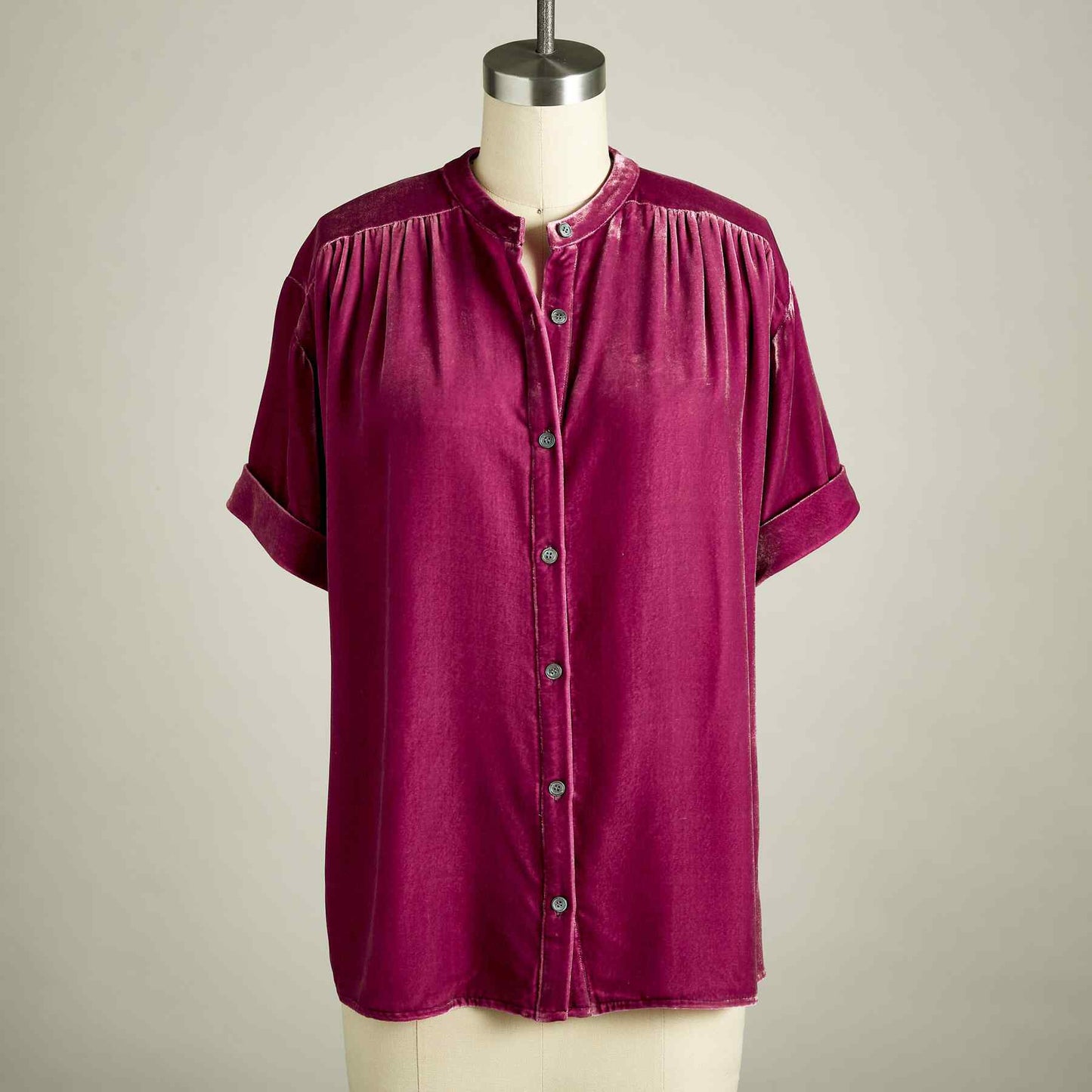 Tops- Fall Velour Blouse | Velvet Shirt with Short Sleeves- - IndioGear Fashion and Gear