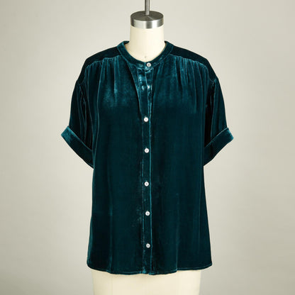 Tops- Fall Velour Blouse | Velvet Shirt with Short Sleeves- - IndioGear Fashion and Gear