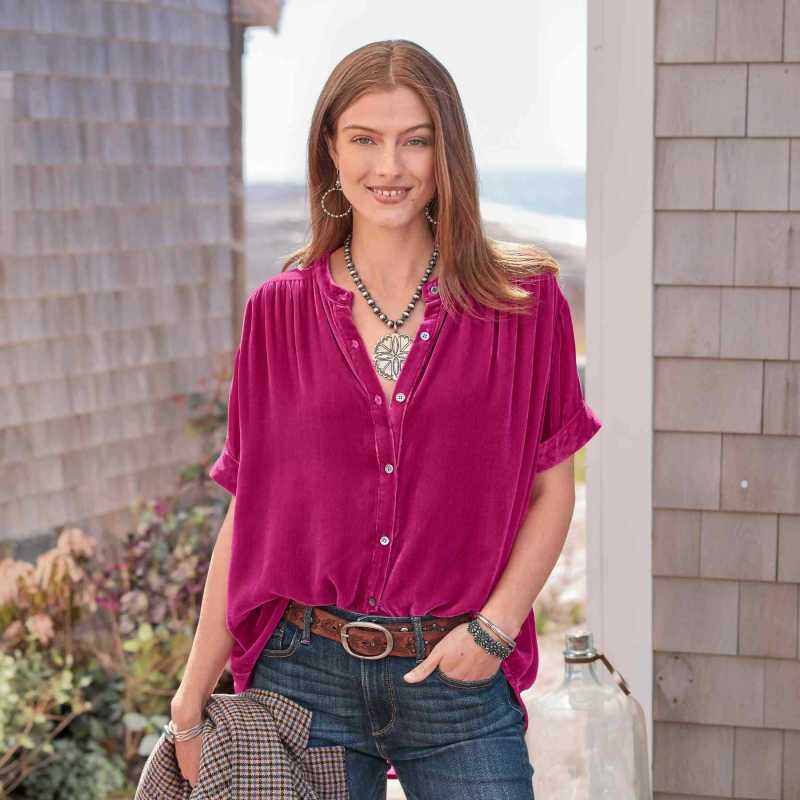 Tops- Fall Velour Blouse | Velvet Shirt with Short Sleeves- Rose- IndioGear Fashion and Gear