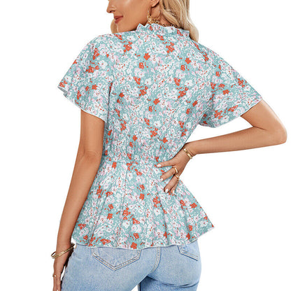 Tops- Floral Fun: Casual T-Shirt with Belted Waist- - IndioGear Fashion and Gear