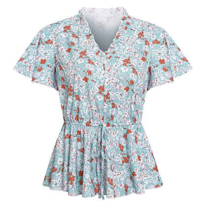 Tops- Floral Fun: Casual T-Shirt with Belted Waist- - IndioGear Fashion and Gear