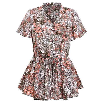 Tops- Floral Fun: Casual T-Shirt with Belted Waist- - IndioGear Fashion and Gear