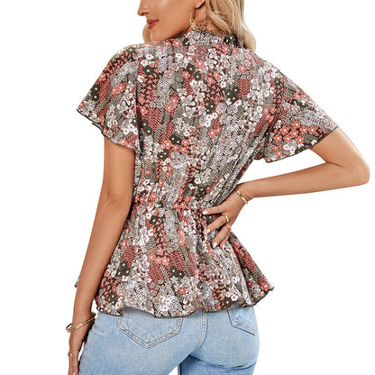 Tops- Floral Fun: Casual T-Shirt with Belted Waist- - IndioGear Fashion and Gear