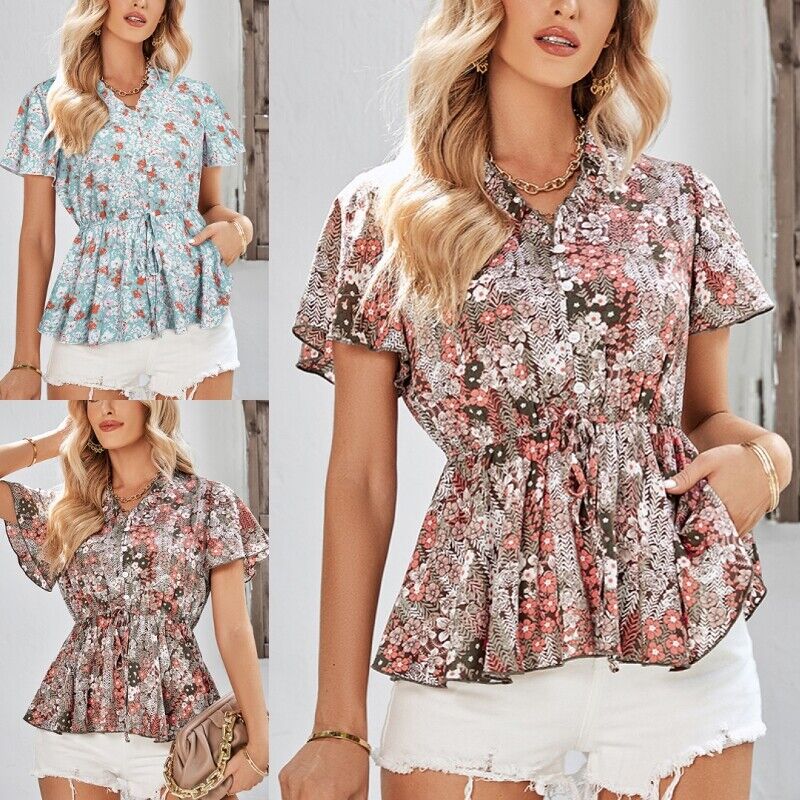 Tops- Floral Fun: Casual T-Shirt with Belted Waist- - IndioGear Fashion and Gear