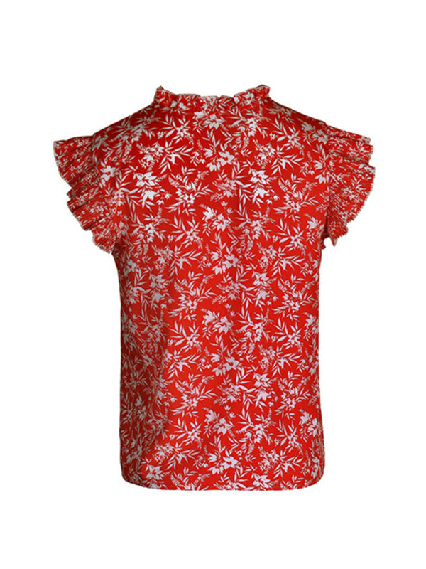 Tops-Frill Shoulder Floral V-Neck Blouse | Floral Print Top-Pekosa Women Clothing