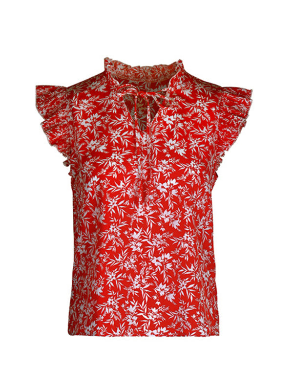 Tops-Frill Shoulder Floral V-Neck Blouse | Floral Print Top-Pekosa Women Clothing