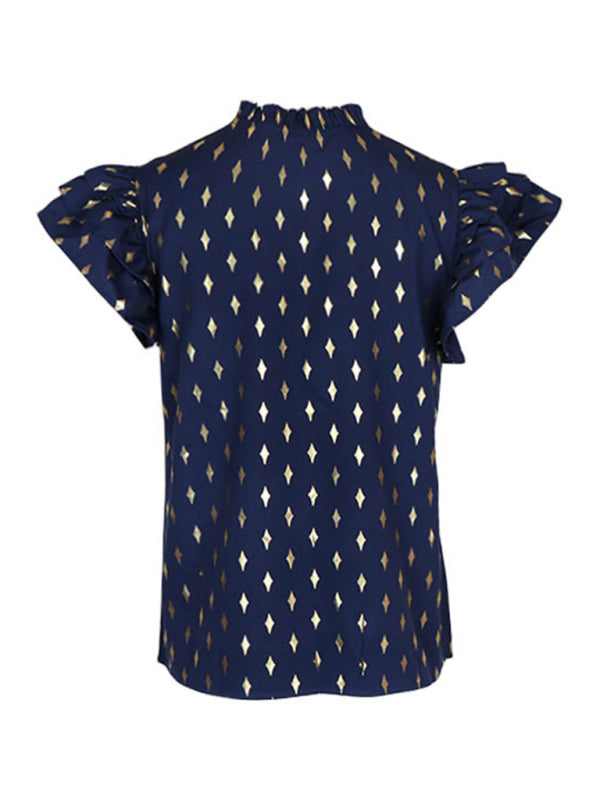 Tops- Geometric Gold Print V Neck Layered Sleeve Blouse Top- - IndioGear Fashion and Gear