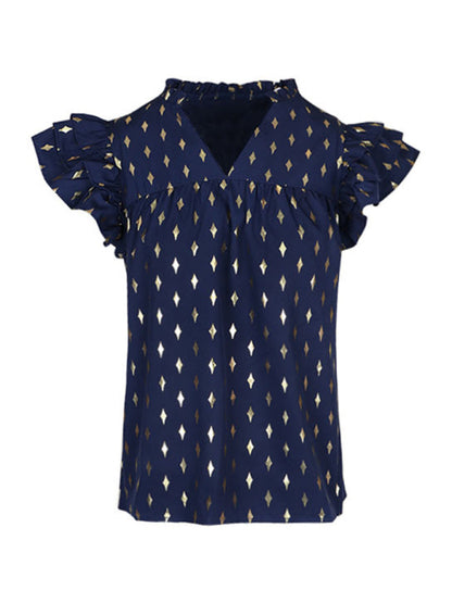 Tops- Geometric Gold Print V Neck Layered Sleeve Blouse Top- - IndioGear Fashion and Gear