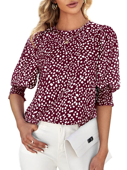 Tops- Leopard Print Blouse - Trendy Animal Print 3/4 Sleeve Top- Wine Red- IndioGear Fashion and Gear