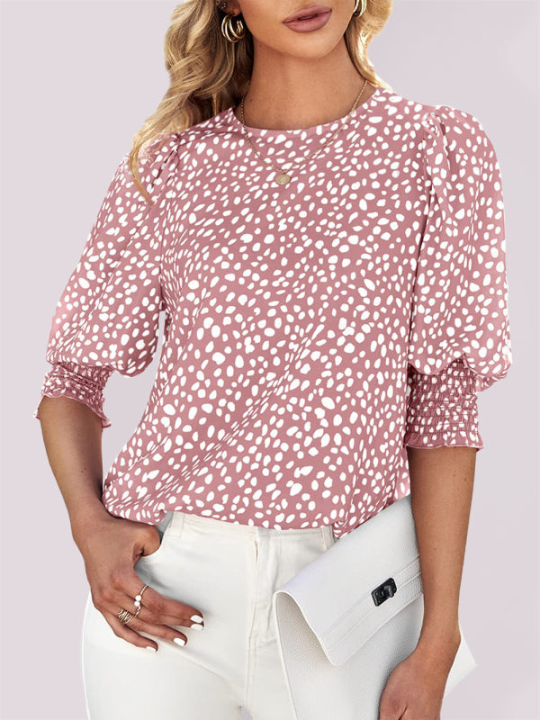 Tops- Leopard Print Blouse - Trendy Animal Print 3/4 Sleeve Top- Pink- IndioGear Fashion and Gear