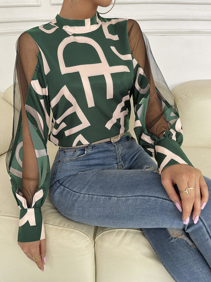 Tops- Letter Print Spliced Mesh Long Sleeve Blouse - Top- - IndioGear Fashion and Gear