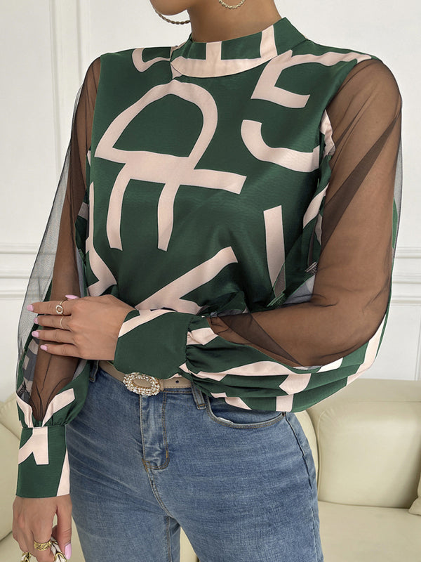 Tops- Letter Print Spliced Mesh Long Sleeve Blouse - Top- Green- IndioGear Fashion and Gear