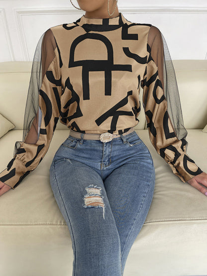 Tops- Letter Print Spliced Mesh Long Sleeve Blouse - Top- - IndioGear Fashion and Gear