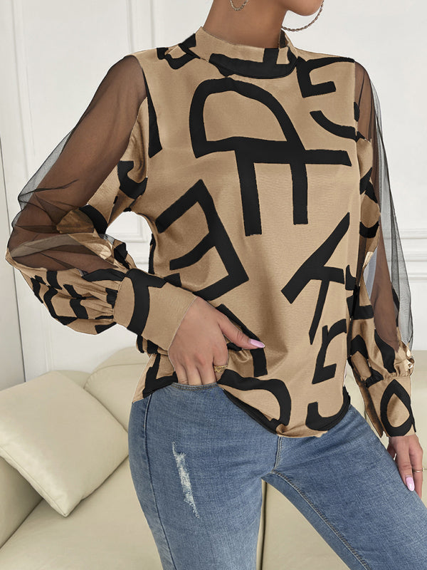 Tops- Letter Print Spliced Mesh Long Sleeve Blouse - Top- - IndioGear Fashion and Gear