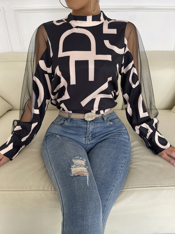 Tops- Letter Print Spliced Mesh Long Sleeve Blouse - Top- - IndioGear Fashion and Gear