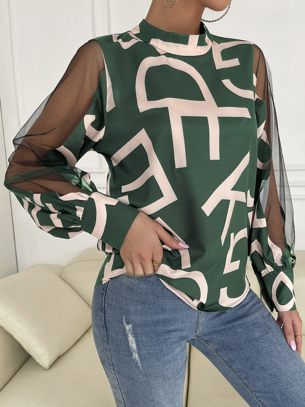 Tops- Letter Print Spliced Mesh Long Sleeve Blouse - Top- - IndioGear Fashion and Gear