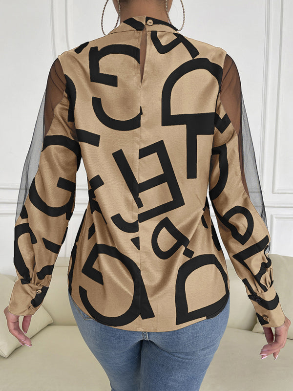 Tops- Letter Print Spliced Mesh Long Sleeve Blouse - Top- - IndioGear Fashion and Gear