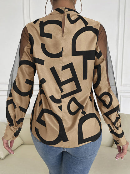 Tops- Letter Print Spliced Mesh Long Sleeve Blouse - Top- - IndioGear Fashion and Gear