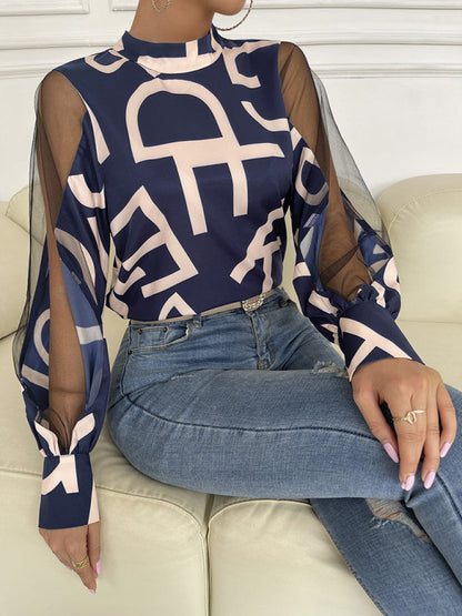 Tops- Letter Print Spliced Mesh Long Sleeve Blouse - Top- - IndioGear Fashion and Gear