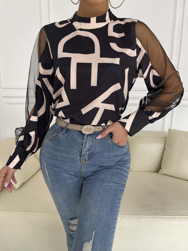 Tops- Letter Print Spliced Mesh Long Sleeve Blouse - Top- - IndioGear Fashion and Gear