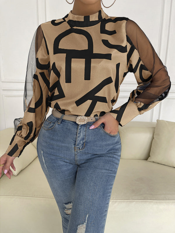 Tops- Letter Print Spliced Mesh Long Sleeve Blouse - Top- - IndioGear Fashion and Gear