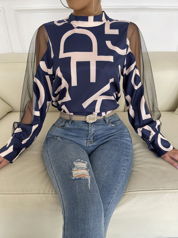 Tops- Letter Print Spliced Mesh Long Sleeve Blouse - Top- - IndioGear Fashion and Gear