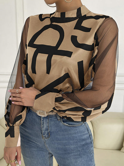 Tops- Letter Print Spliced Mesh Long Sleeve Blouse - Top- Khaki- IndioGear Fashion and Gear