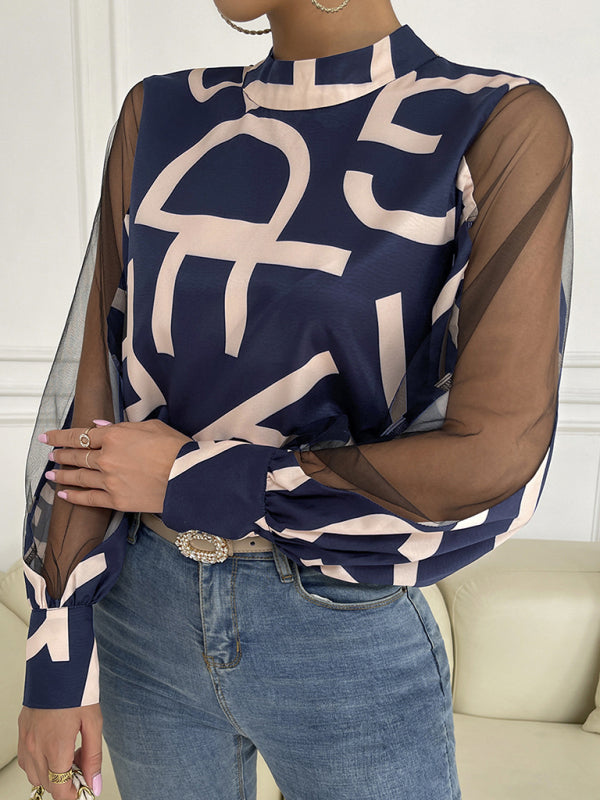 Tops- Letter Print Spliced Mesh Long Sleeve Blouse - Top- Navy Blue- IndioGear Fashion and Gear