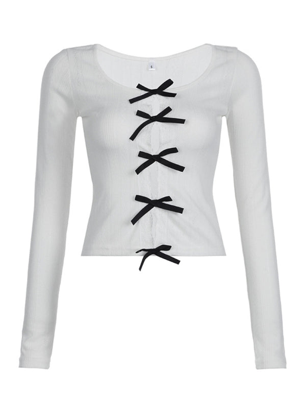 Tops- Long Sleeve Bow Cutout Tee | Lace-Accented Knitted Top- - IndioGear Fashion and Gear