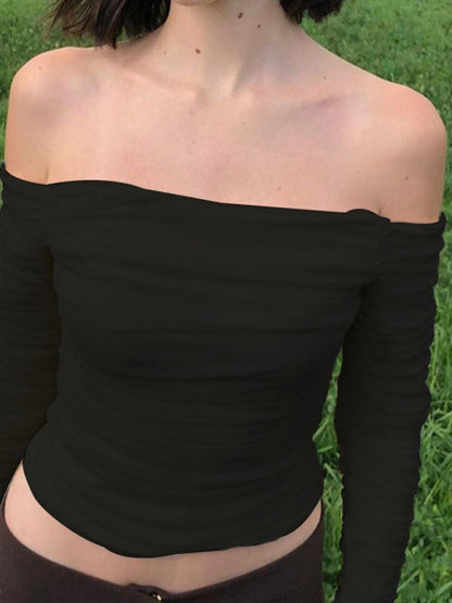 Tops- Off-The-Shoulder Long Sleeve Crop Top in Ruched Mesh- Black- IndioGear Clothing and Gear