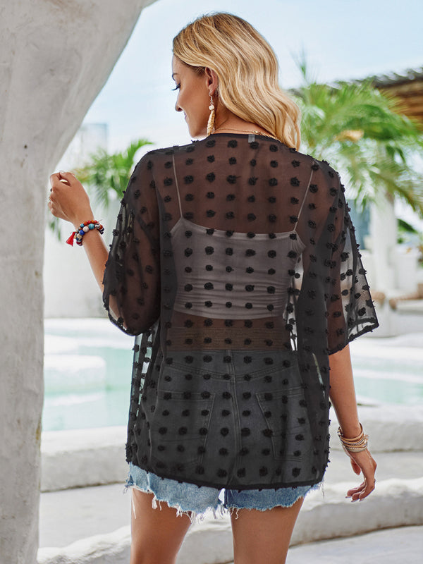 Tops-Open Front Cover-Up - Sheer Shirt Cascade Top with 3/4 Sleeves-Pekosa Women Clothing