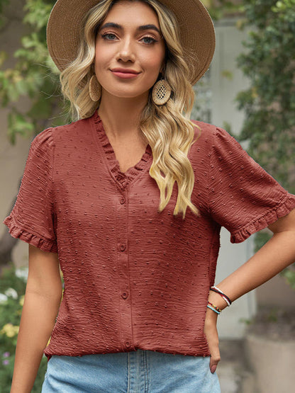 Tops- Perfect for Any Occasion: Women's Short Sleeve Top with Ruffle Details- - IndioGear Fashion and Gear