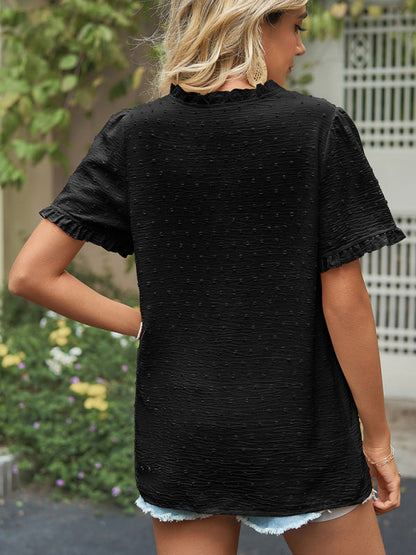 Tops- Perfect for Any Occasion: Women's Short Sleeve Top with Ruffle Details- - IndioGear Fashion and Gear