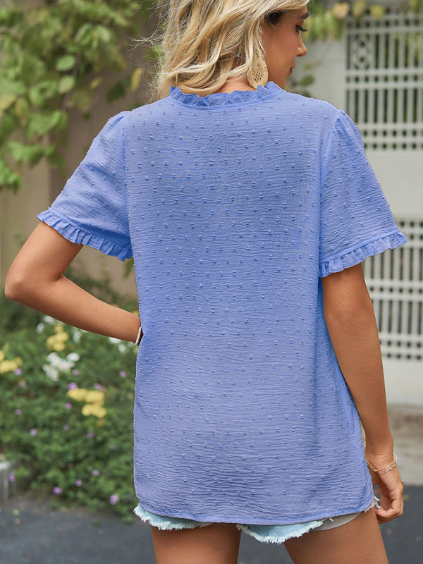 Tops- Perfect for Any Occasion: Women's Short Sleeve Top with Ruffle Details- - IndioGear Fashion and Gear