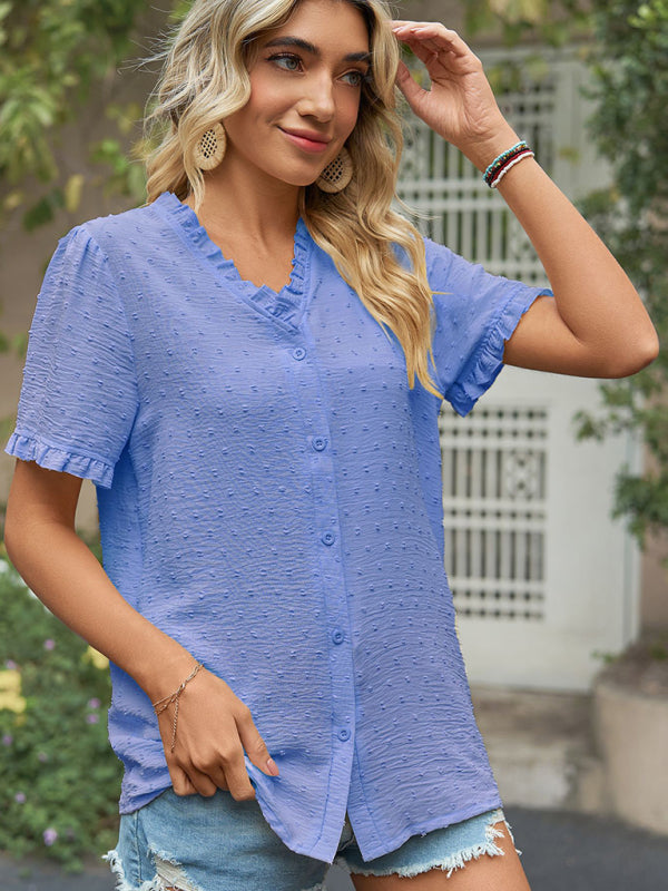 Tops- Perfect for Any Occasion: Women's Short Sleeve Top with Ruffle Details- - IndioGear Fashion and Gear