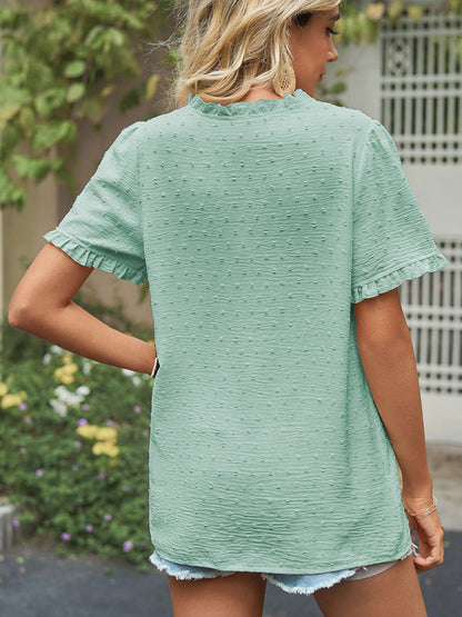 Tops- Perfect for Any Occasion: Women's Short Sleeve Top with Ruffle Details- - IndioGear Fashion and Gear