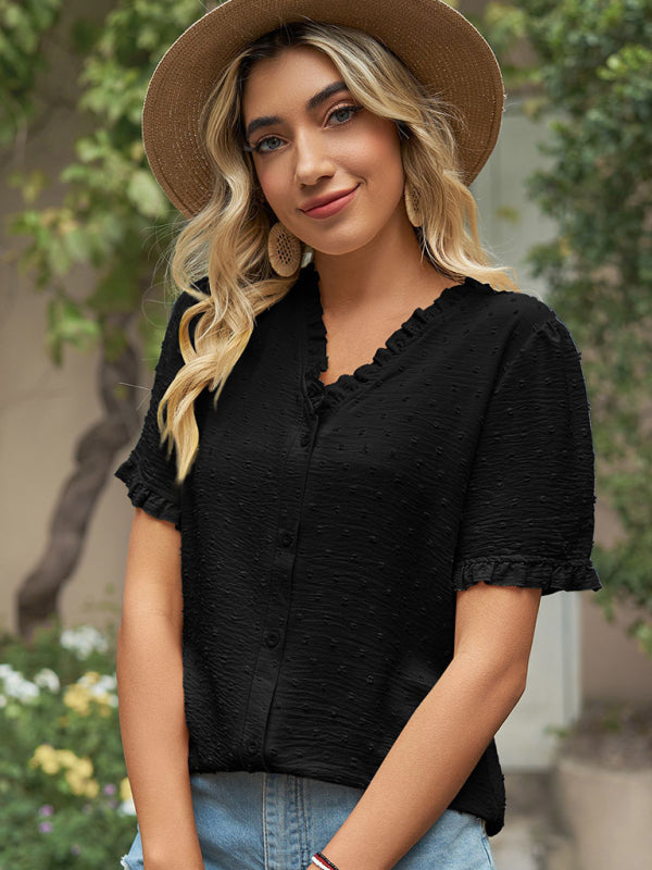 Tops- Perfect for Any Occasion: Women's Short Sleeve Top with Ruffle Details- - IndioGear Fashion and Gear